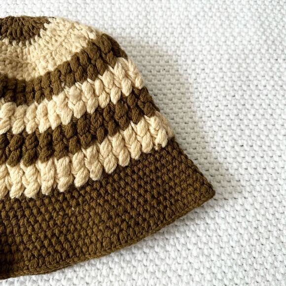 Handmade Crochet Brown Beige Tan Stripe Bucket Hat One Size Boho - Picture 4 of 10